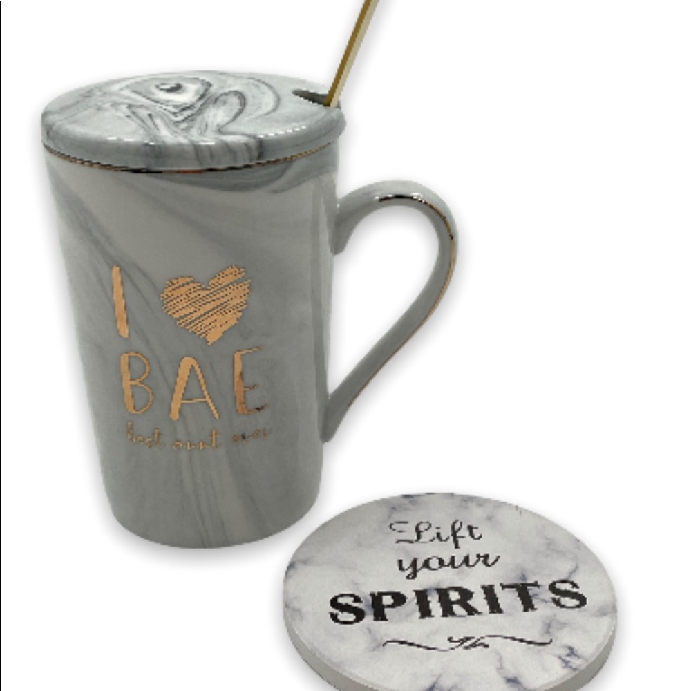 Marble I Heart Bae mug with sugar spoon, cover and coaster! Best aunt ever mug